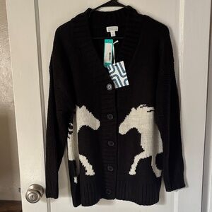 Market & Spruce Black and Cream Horse Pattern Cardigan
